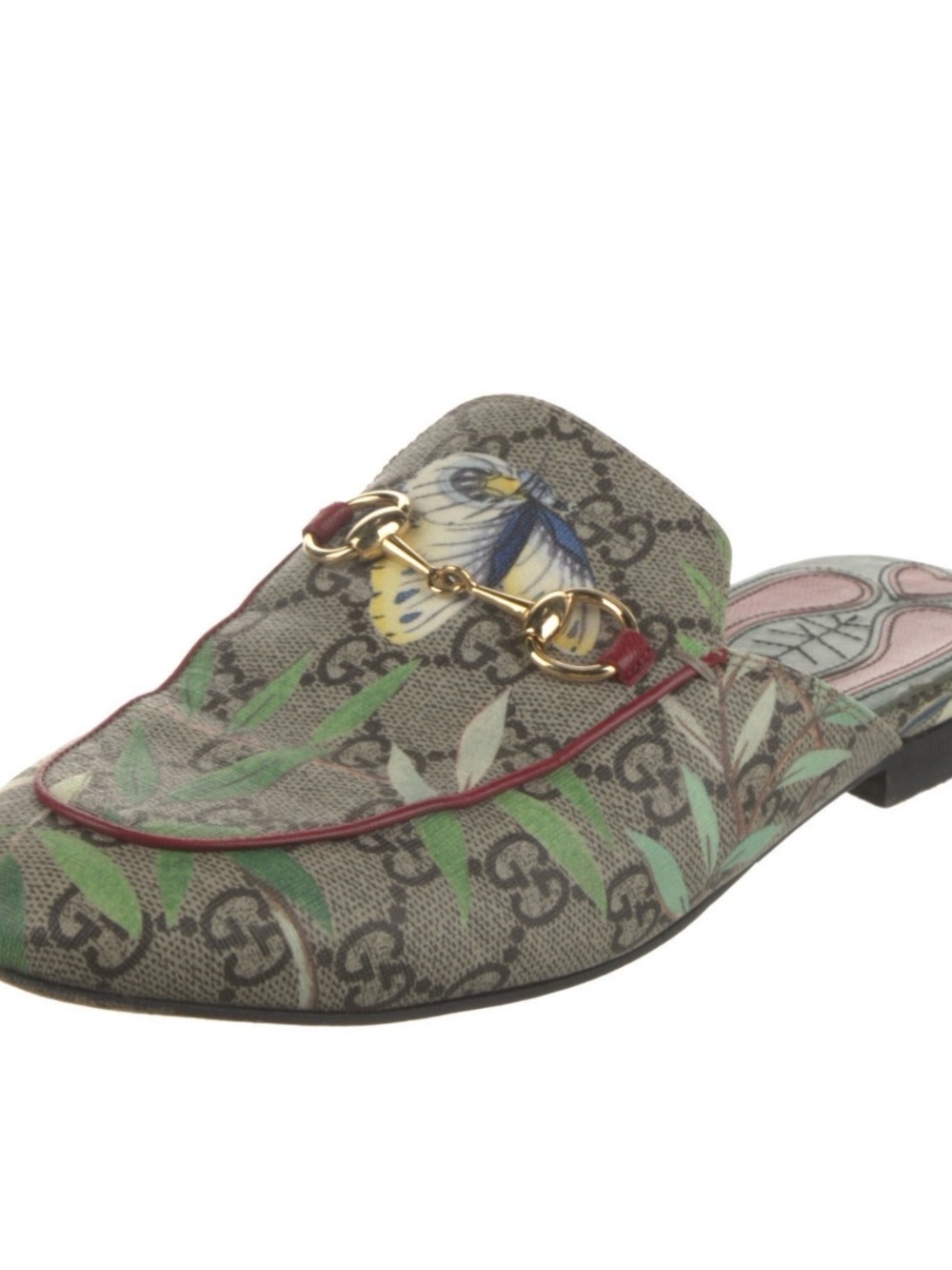 Gucci Supreme GG Canvas Floral Butterfly Horsebit Mule with Burgundy Trim